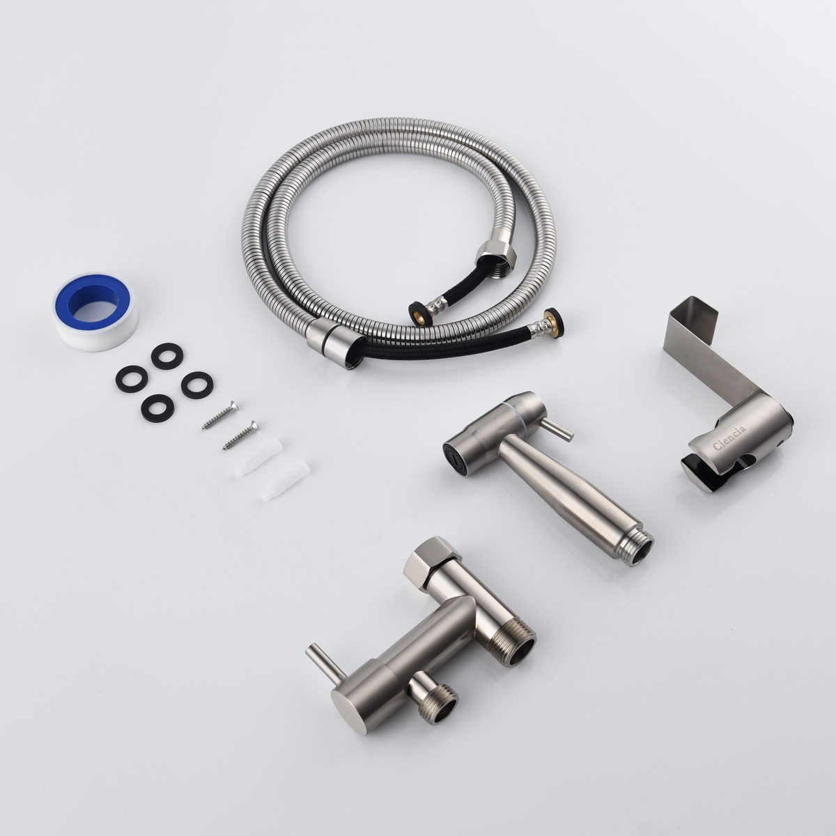 Tecmolog Stainless Steel Hand Held Bidet Sprayer Kit with 7/8''(15/16'') Diverter Valve for America, Brushed Nickel/Chrome, WS036FM1/WS036FM2
