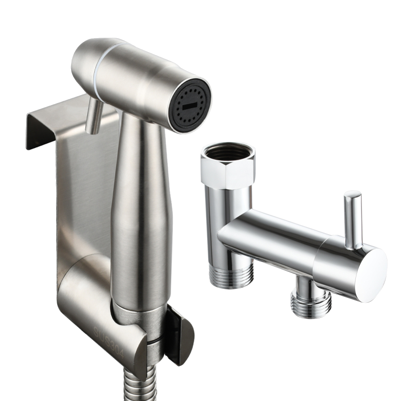 Tecmolog Stainless Steel Hand Held Bidet Sprayer Kit with 7/8''(15/16'') Diverter Valve for America, Brushed Nickel/Chrome, WS036FM1/WS036FM2