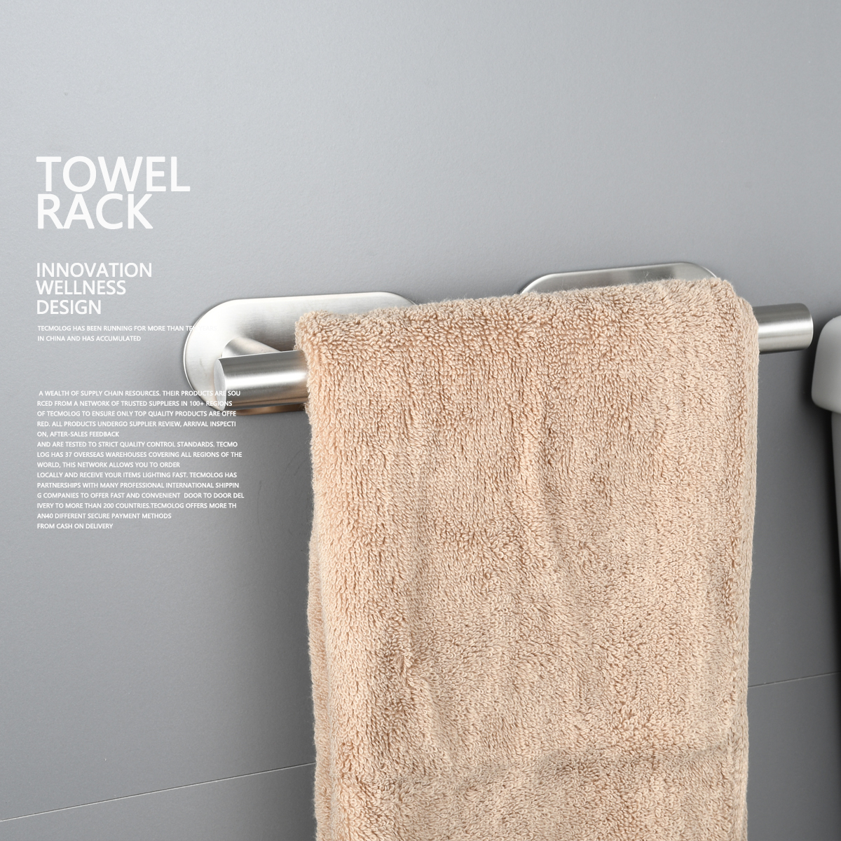 Tecmolog Self Adhesive Wall Mount Single Towel Bar, Stainless Steel No Drilling 23cm/40cm Length Towel Holder, Brushed Nickel/Black, SBH231