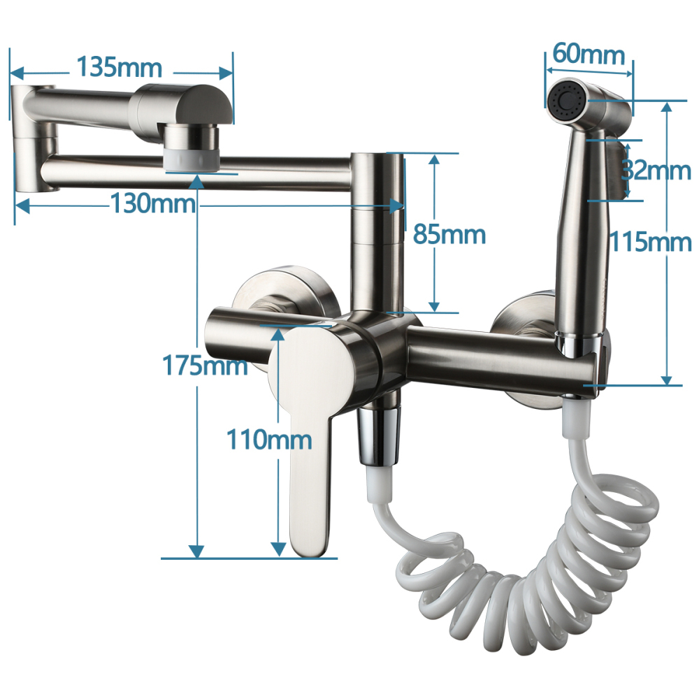 Tecmolog Brass Pot Filler Folding Faucet with Side Sprayer, Kitchen Sink Faucet with Swing Arm and Double Function Joint, BC1230/BB1230/BNA1230