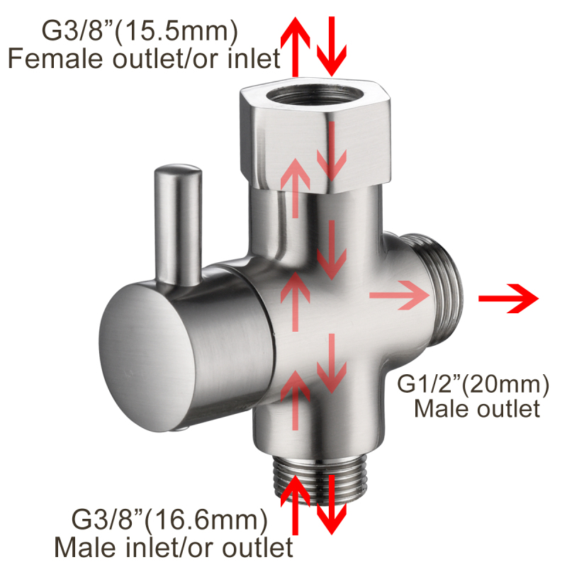 Tecmolog 3 Way Diverter Valve Brass Shut Off Valve 3/8”-12/17 T Adapter for Toilet Water Line DSF007D/DSF007DNA/DSF007DB