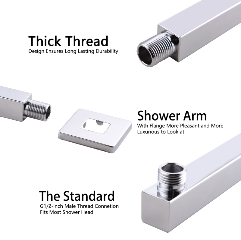 Tecmolog Stainless Steel chrome Shower Arm, Wall Mounted and G1/2'' Shower Holder for Fixed Showerhead in bathroom HPF001-1/HPF002