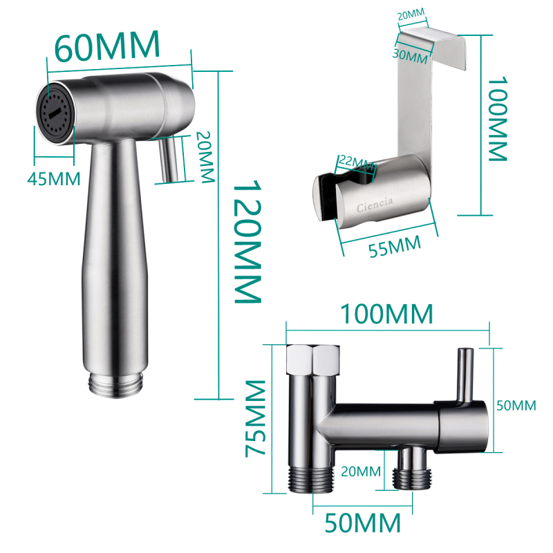 Tecmolog Stainless Steel Hand Held Bidet Sprayer Kit with 7/8''(15/16'') Diverter Valve for America, Brushed Nickel/Chrome, WS036FM1/WS036FM2