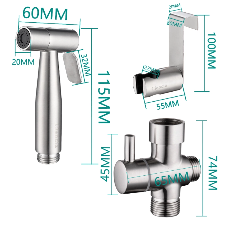 Tecmolog Stainless Steel Toilet Bidet Sprayer Set,  Bidet Shattaf Set with Hose, Holder and G 7/8 Diverte WS024FM