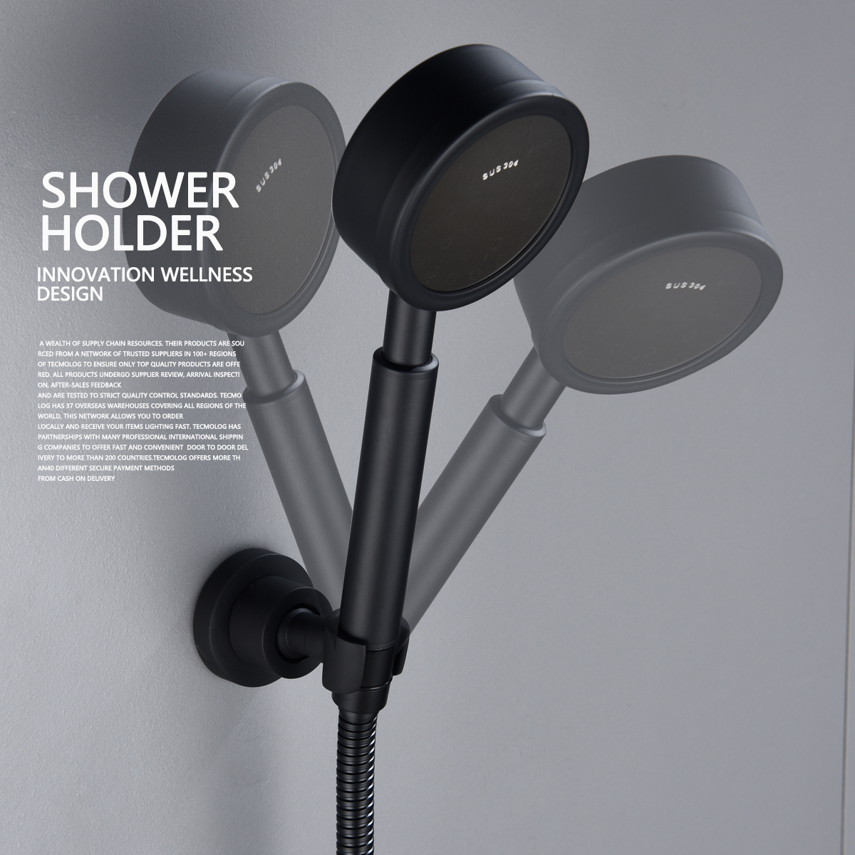 Tecmolog Stainless Steel Hand Held Shower Holder Adjustable Wall Mount Shower Head Bracket Holder for Hand Held, Black, ST31B/ST31AB