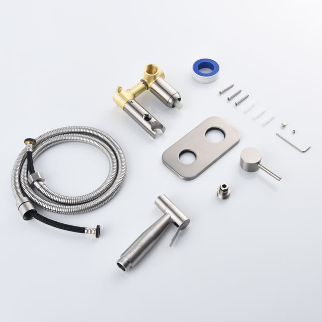 Tecmolog Stainless Steel Bathroom Bidet Sprayer Set, Hot and Cold Concealed Bidet Sprayer Kit for Toilet, Brushed Nickel/Black, WS024F9/WS024CF3