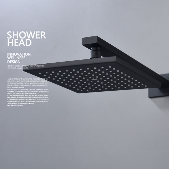Tecmolog Fixed Shower Head 8'' Large Round/Square, Stainless Steel Balck High Pressure Rain Shower Head for Bathroom