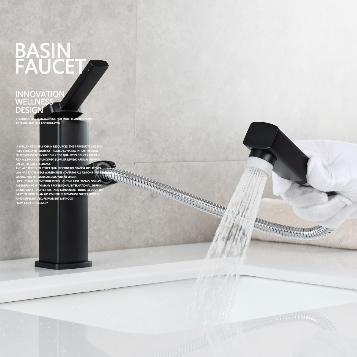 Tecmolog Pulldown Basin Faucet with Pull out Sprayer, Brass Single Lever Faucet for Bathroom, Black/Chrome/Brushed Nickel, BB6129/BC6129/BNA6129