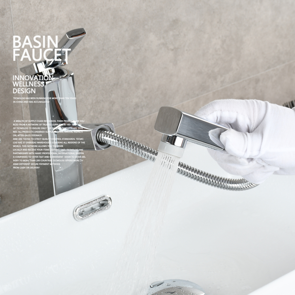 Tecmolog Pulldown Basin Faucet with Pull out Sprayer, Brass Single Lever Faucet for Bathroom, Black/Chrome/Brushed Nickel, BB6129/BC6129/BNA6129