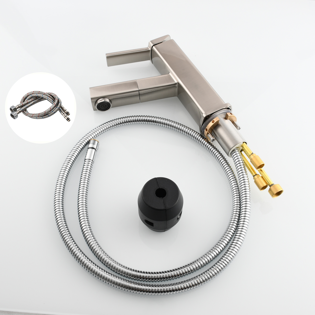 Tecmolog Pulldown Basin Faucet with Pull out Sprayer, Brass Single Lever Faucet for Bathroom, Black/Chrome/Brushed Nickel, BB6129/BC6129/BNA6129