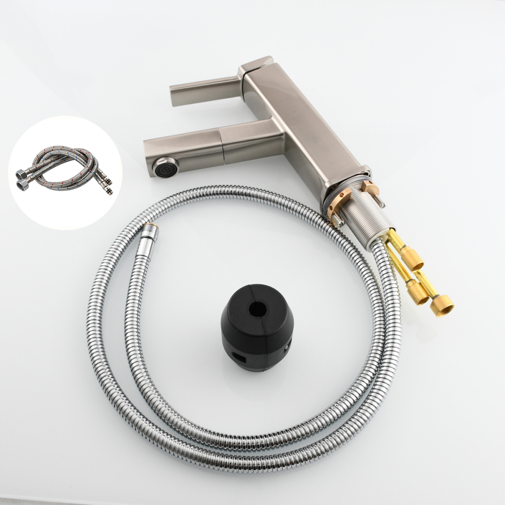 Tecmolog Pulldown Basin Faucet with Pull out Sprayer, Brass Single Lever Faucet for Bathroom, Black/Chrome/Brushed Nickel, BB6129/BC6129/BNA6129