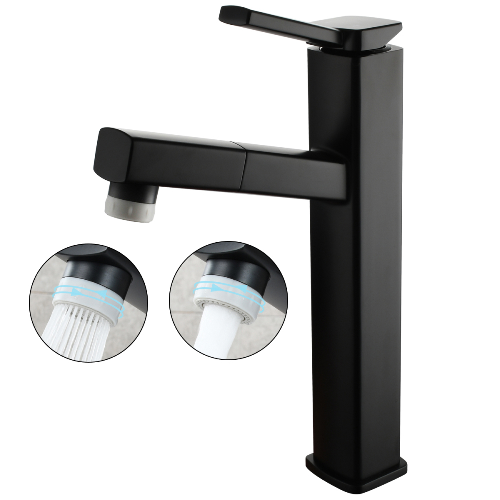 Tecmolog Pulldown Basin Faucet with Pull out Sprayer, Brass Single Lever Faucet for Bathroom, Black/Chrome/Brushed Nickel, BB6129/BC6129/BNA6129