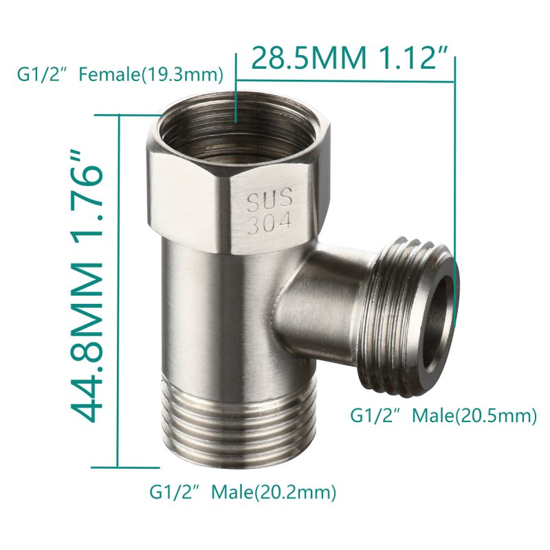 Tecmolog 3-way Tee Connector Stainless Steel T Adapter G 1/2 T Valve for Bathroom Shower Arm, Angle Valve Hose, SBA020A