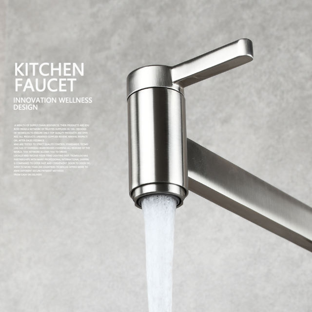 Tecmolog Kitchen Faucet Wall Mount Pot Filler Faucet Brass 360 Rotatable Folding Lengthened with Double Joint Swing Arms,2 Handles Control Water Nickel/Chome/Black/Golden/Brushed Brass
