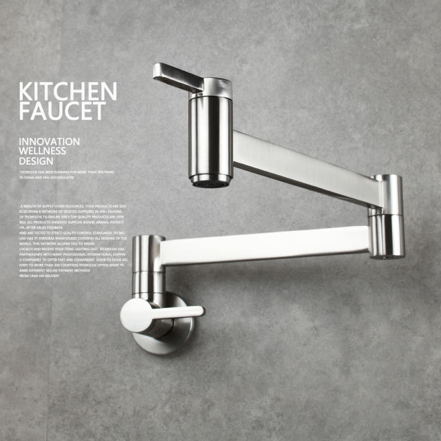 Tecmolog Kitchen Faucet Wall Mount Pot Filler Faucet Brass 360 Rotatable Folding Lengthened with Double Joint Swing Arms,2 Handles Control Water Nickel/Chome/Black/Golden/Brushed Brass