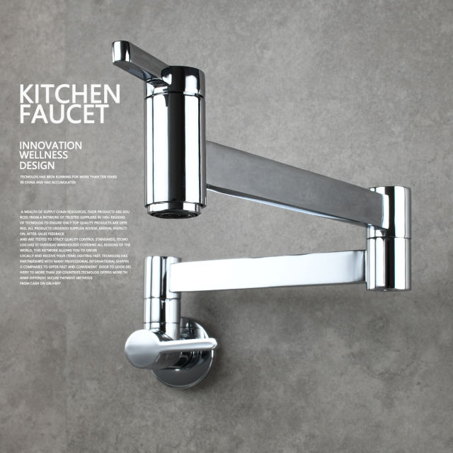 Tecmolog Kitchen Faucet Wall Mount Pot Filler Faucet Brass 360 Rotatable Folding Lengthened with Double Joint Swing Arms,2 Handles Control Water Nickel/Chome/Black/Golden/Brushed Brass