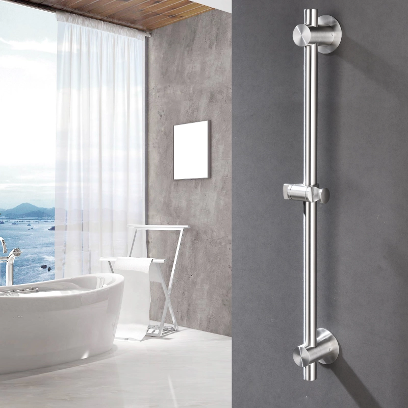 Tecmolog Stainless Steel Brushed Nickle/Black Adjustable Shower Sliding Bar with No Drilling Large Base Area & Hand Held Shower Head