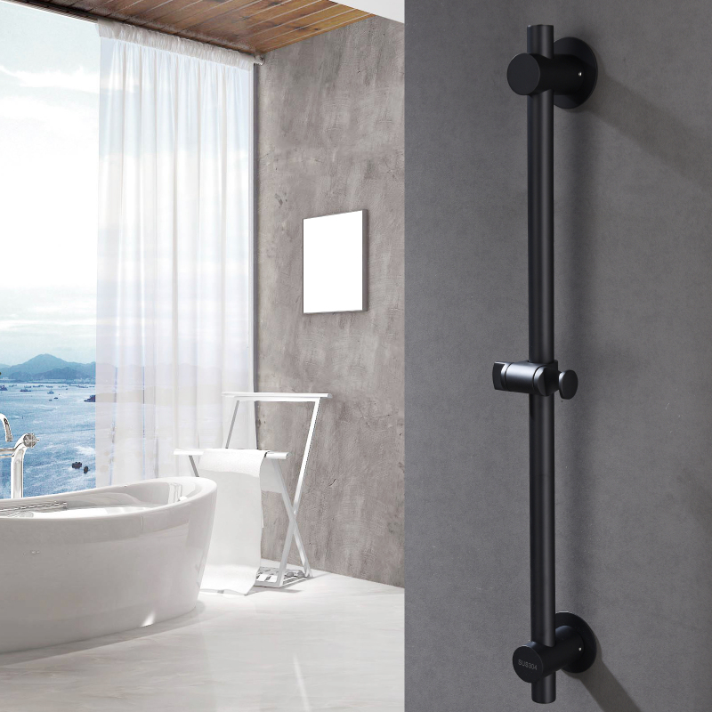 Tecmolog Stainless Steel Brushed Nickle/Black Adjustable Shower Sliding Bar with No Drilling Large Base Area & Hand Held Shower Head