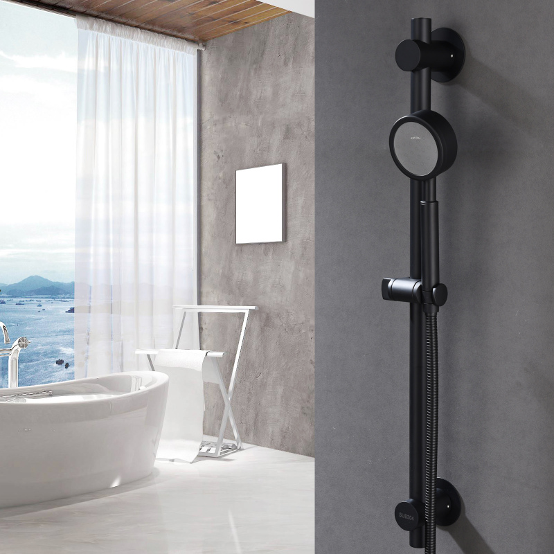 Tecmolog Stainless Steel Brushed Nickle/Black Adjustable Shower Sliding Bar with No Drilling Large Base Area & Hand Held Shower Head