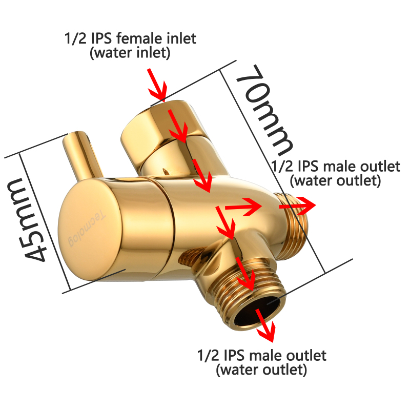 Tecmolog Brass Diverter with Switch Big Flow 3-way T Valve G1/2'' Shower Diverter with Shut Off Valve,Chrome/Black/Gold/Nickel