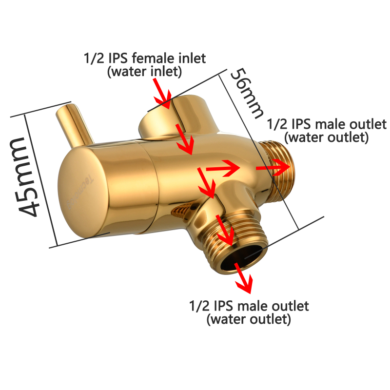 Tecmolog Brass G1/2'' Shower Diverter with Shut Off Valve for Bathtub and Shower Arm T-Valve to Fixed Shower Head,Hand Shower Head（Without nuts）,Chrome/Black/Gold/Nickel