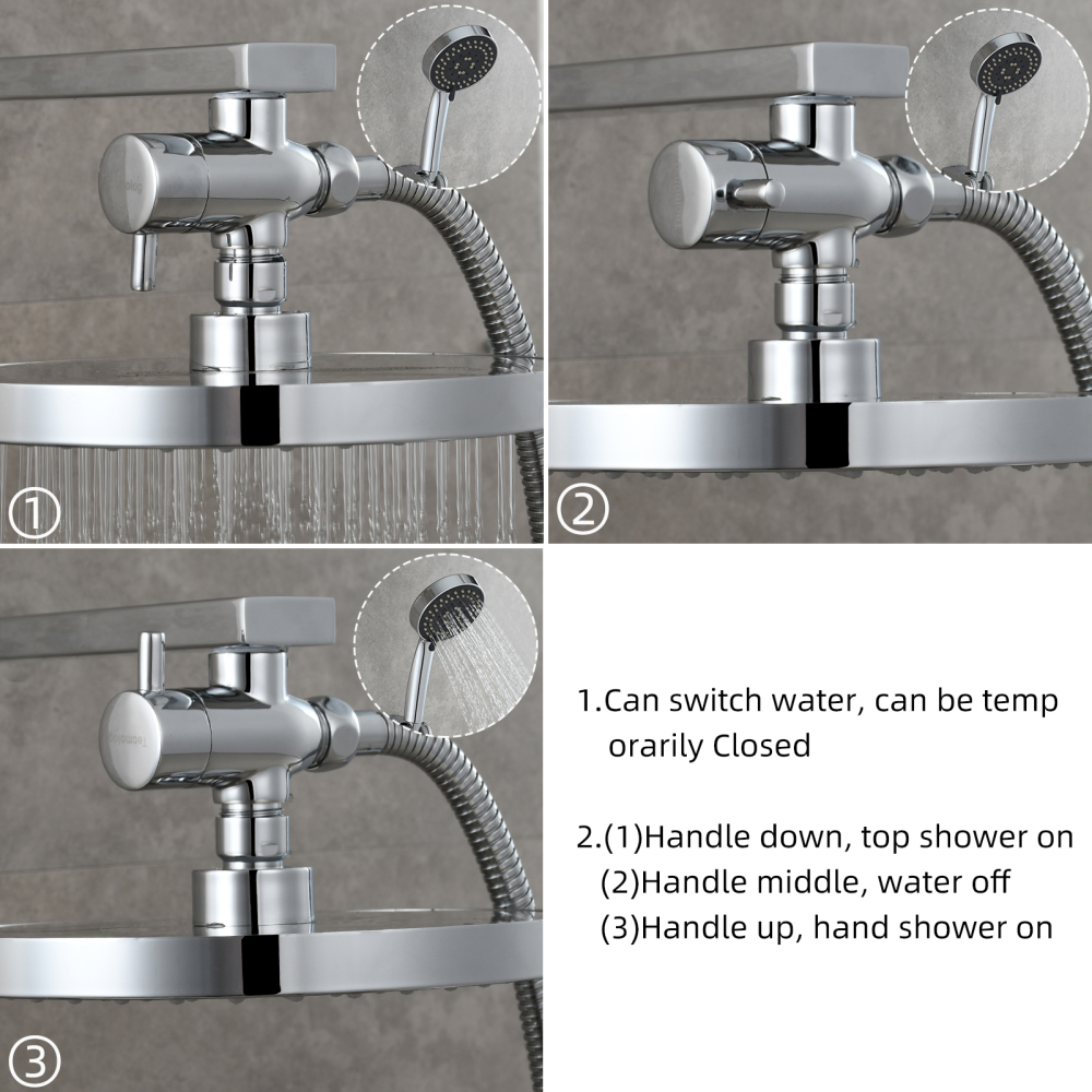 Tecmolog Brass G1/2'' Shower Diverter with Shut Off Valve for Bathtub and Shower Arm T-Valve to Fixed Shower Head,Hand Shower Head（Without nuts）,Chrome/Black/Gold/Nickel