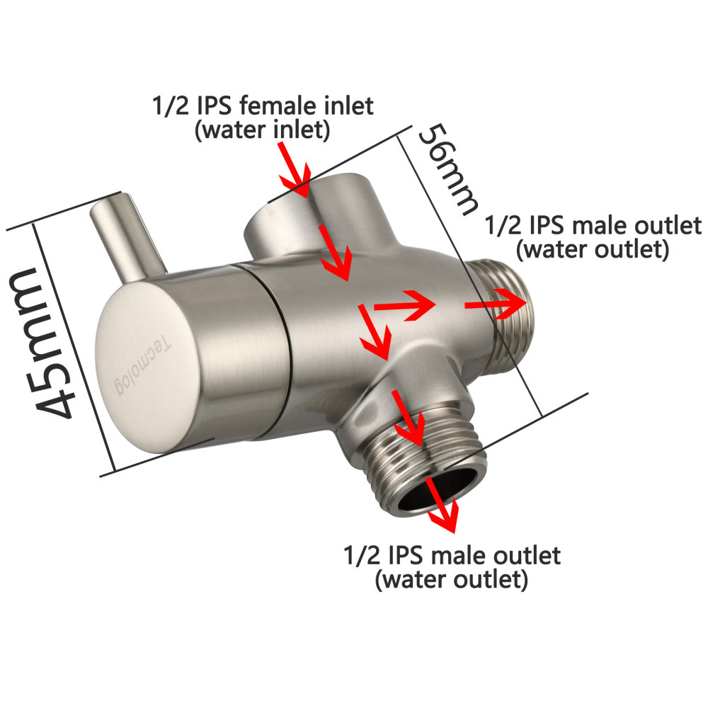 Tecmolog Brass G1/2'' Shower Diverter with Shut Off Valve for Bathtub and Shower Arm T-Valve to Fixed Shower Head,Hand Shower Head（Without nuts）,Chrome/Black/Gold/Nickel
