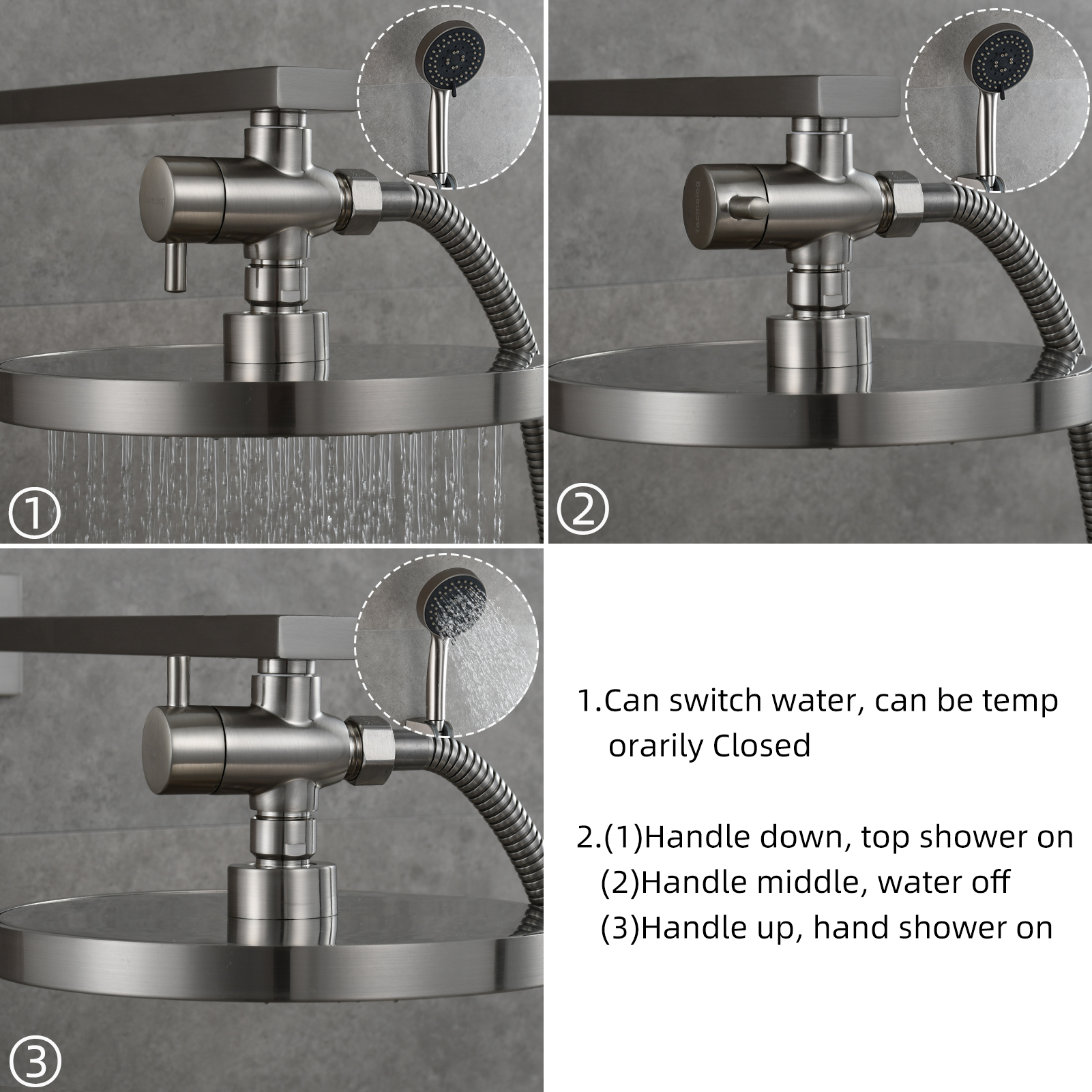 Tecmolog Brass G1/2'' Shower Diverter with Shut Off Valve for Bathtub and Shower Arm T-Valve to Fixed Shower Head,Hand Shower Head（Without nuts）,Chrome/Black/Gold/Nickel