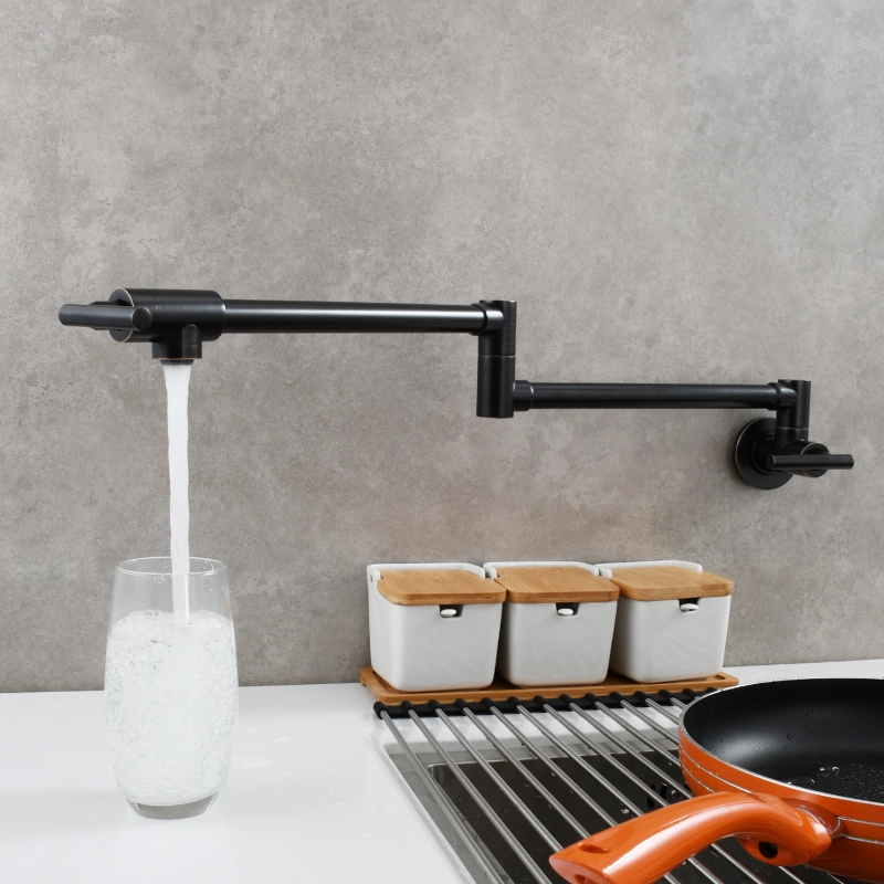 Tecmolog Pot Filler Faucet, Wall Mount 1/2”NPT Kitchen Sink Tap, Brass Double Joint Spout Cold Water Faucet, Nickel/Black/Chrome