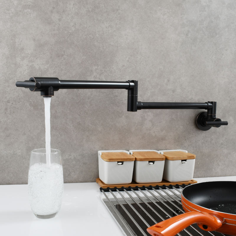 Tecmolog Pot Filler Faucet, Wall Mount 1/2”NPT Kitchen Sink Tap, Brass Double Joint Spout Cold Water Faucet, Nickel/Black/Chrome