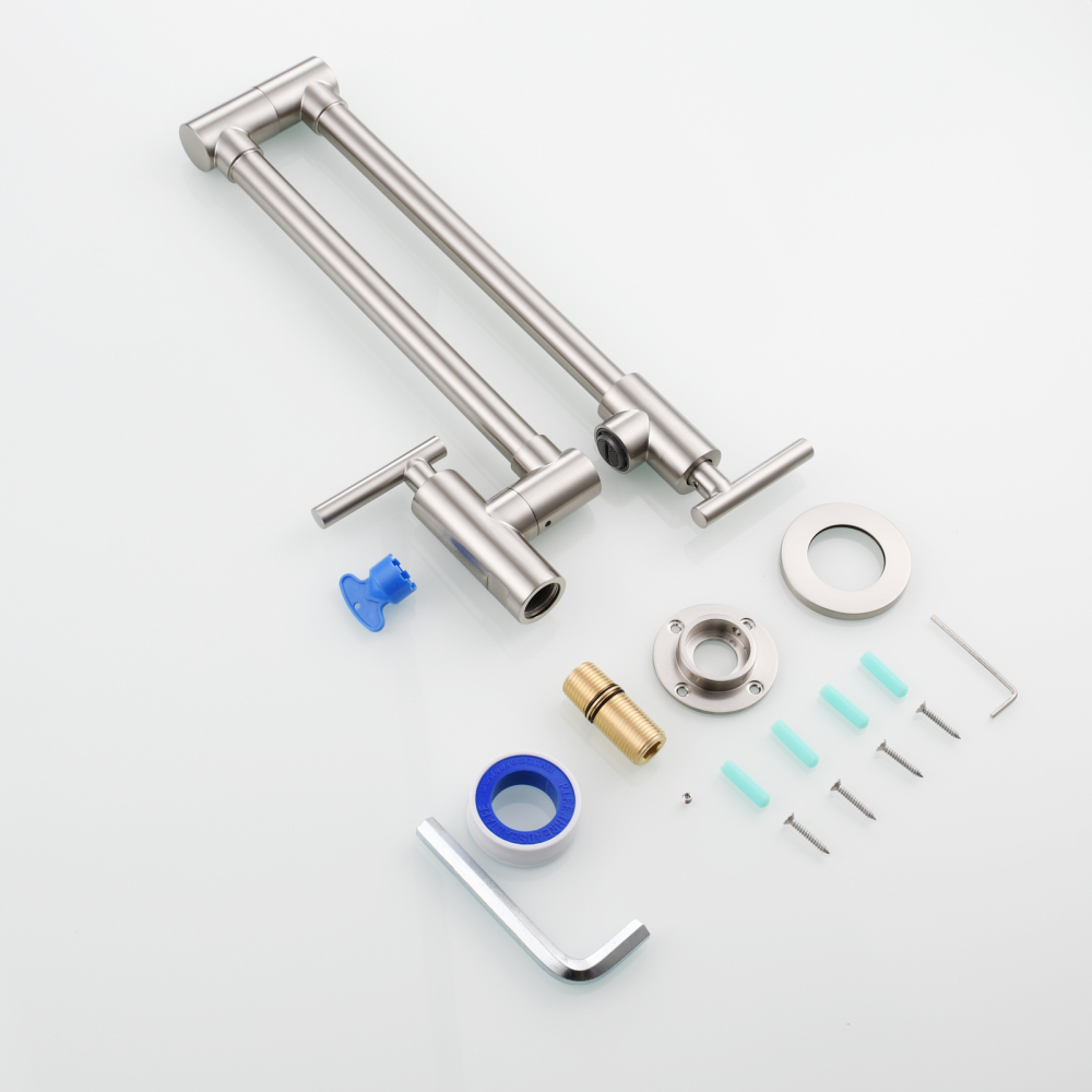 Tecmolog Pot Filler Faucet, Wall Mount 1/2”NPT Kitchen Sink Tap, Brass Double Joint Spout Cold Water Faucet, Nickel/Black/Chrome