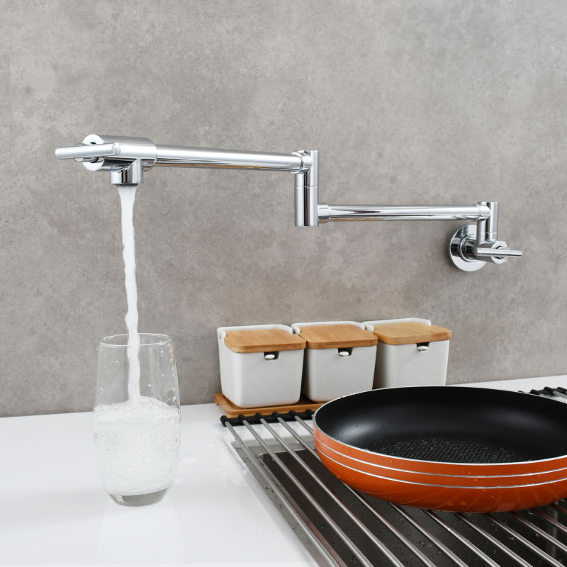 Tecmolog Pot Filler Faucet, Wall Mount 1/2”NPT Kitchen Sink Tap, Brass Double Joint Spout Cold Water Faucet, Nickel/Black/Chrome