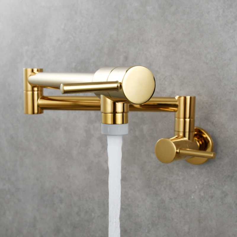 Tecmolog Brass Chrome Kitchen Faucet, Wall Mounted and Folding Kitchen Tap with Double Handle, Single Cold water Tap