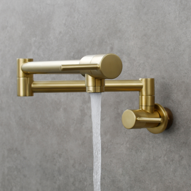 Tecmolog Brass Chrome Kitchen Faucet, Wall Mounted and Folding Kitchen Tap with Double Handle, Single Cold water Tap