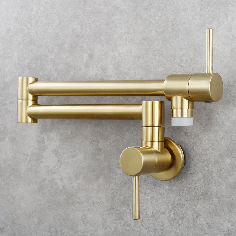 Tecmolog Brass Chrome Kitchen Faucet, Wall Mounted and Folding Kitchen Tap with Double Handle, Single Cold water Tap