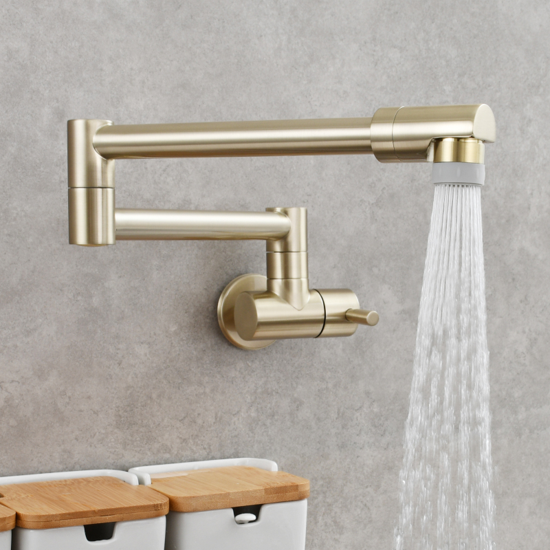 Tecmolog Kitchen Faucet Chrome Wall Mount Pot Filler Faucet Brass 360 Rotatable Folding Lengthened Folding single Handle Unique Cold Water Tap