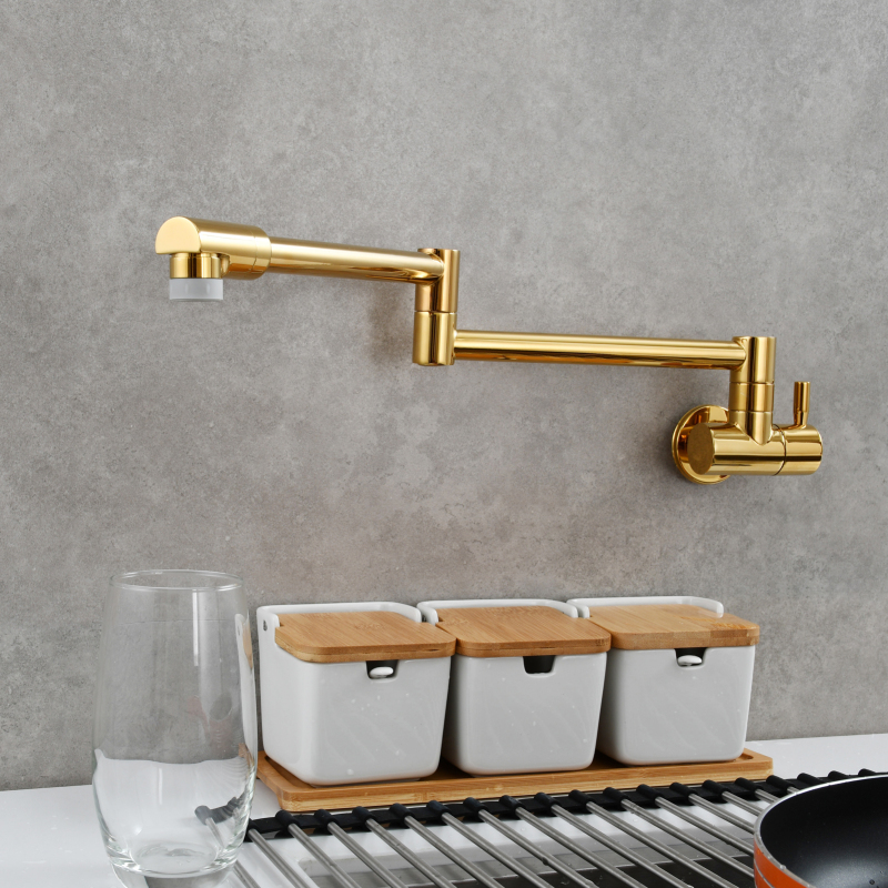 Tecmolog Kitchen Faucet Chrome Wall Mount Pot Filler Faucet Brass 360 Rotatable Folding Lengthened Folding single Handle Unique Cold Water Tap