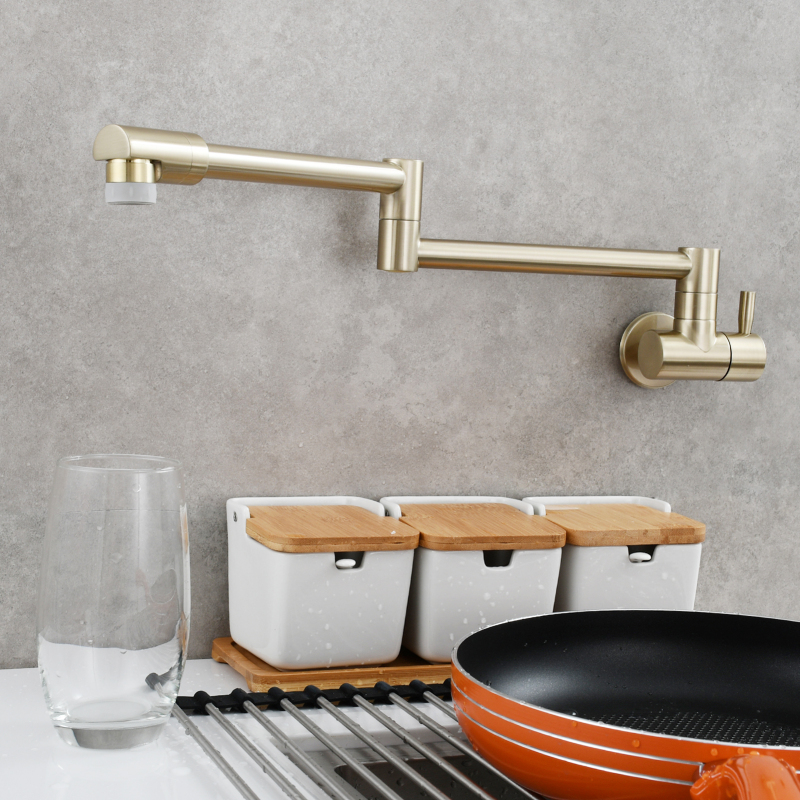 Tecmolog Kitchen Faucet Chrome Wall Mount Pot Filler Faucet Brass 360 Rotatable Folding Lengthened Folding single Handle Unique Cold Water Tap