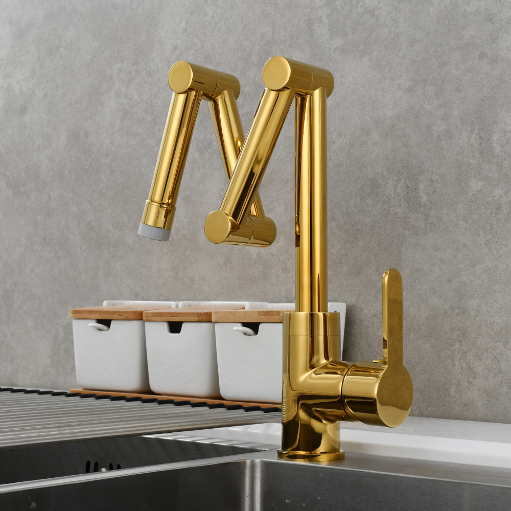 Tecmolog Pot Filler Faucet Deck Mounted Three-Section Extension Folding Kitchen Faucet Restaurant Faucets Copper Nickel/Chrome/Black triple Joint Swing Arm For Hot and Cold