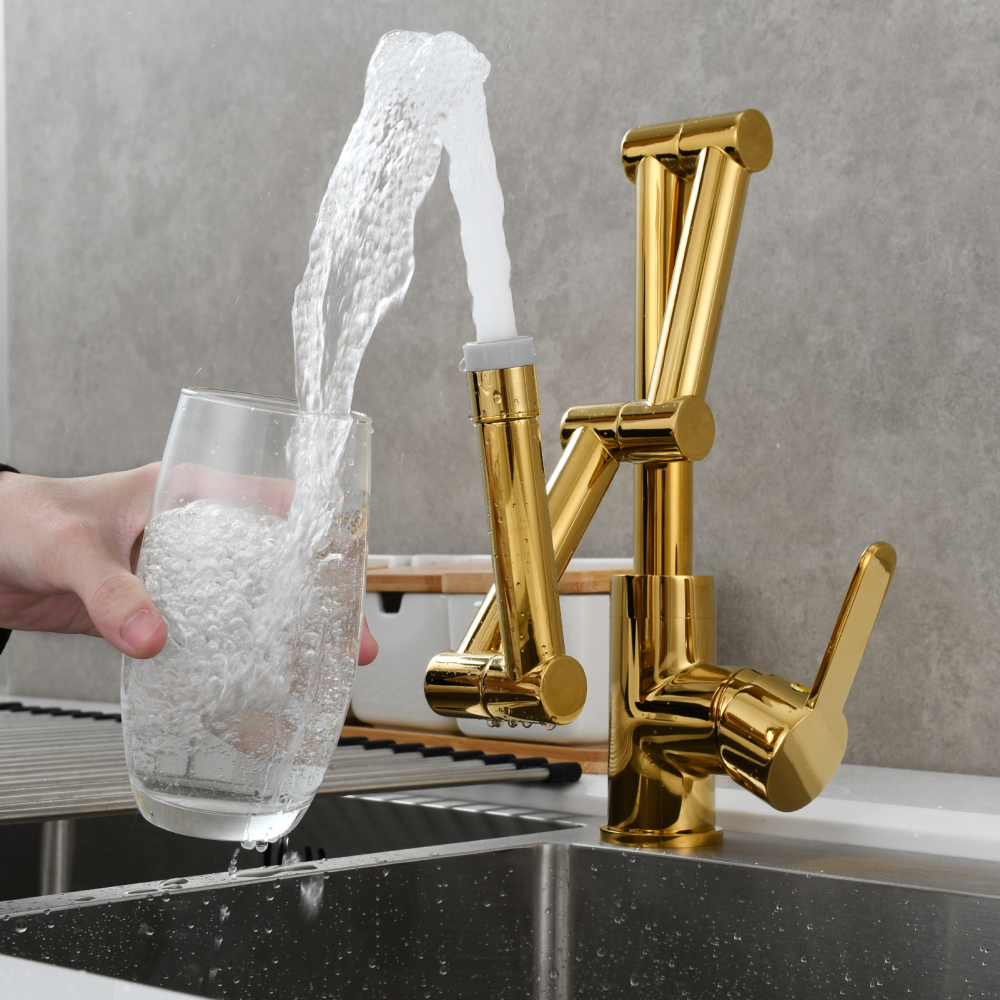 Tecmolog Pot Filler Faucet Deck Mounted Three-Section Extension Folding Kitchen Faucet Restaurant Faucets Copper Nickel/Chrome/Black triple Joint Swing Arm For Hot and Cold