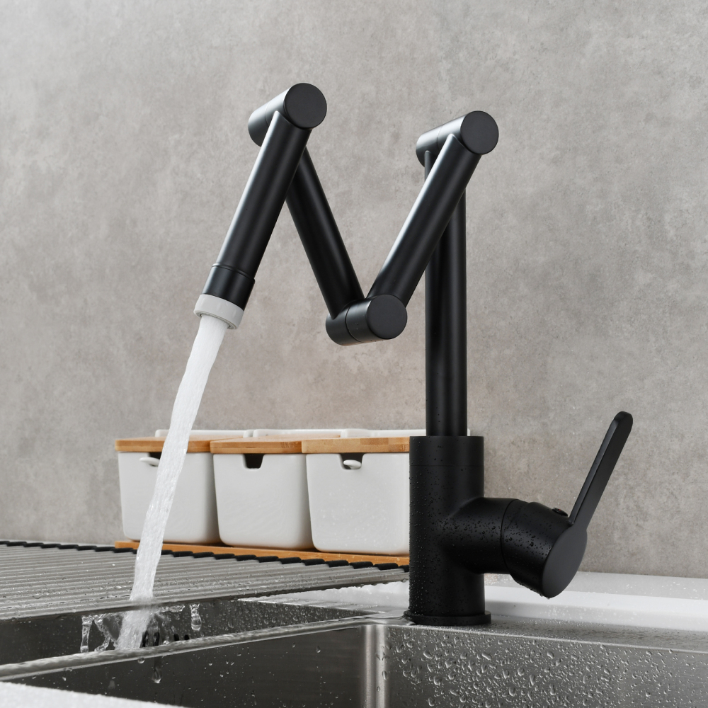 Tecmolog Pot Filler Faucet Deck Mounted Three-Section Extension Folding Kitchen Faucet Restaurant Faucets Copper Nickel/Chrome/Black triple Joint Swing Arm For Hot and Cold