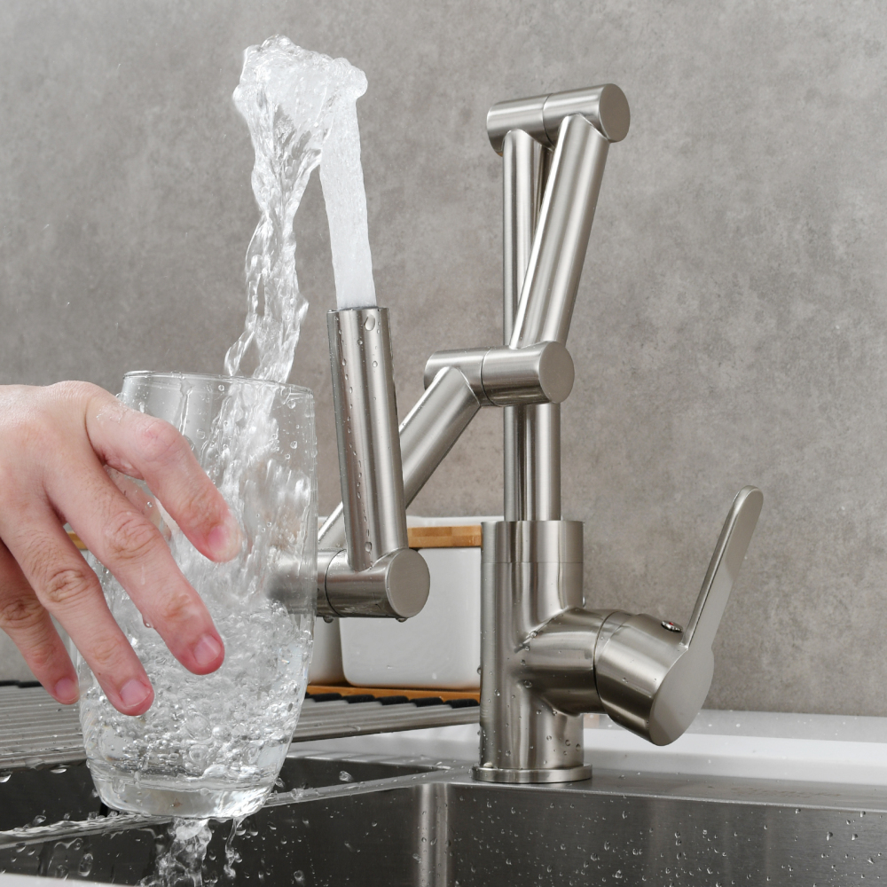 Tecmolog Pot Filler Faucet Deck Mounted Three-Section Extension Folding Kitchen Faucet Restaurant Faucets Copper Nickel/Chrome/Black triple Joint Swing Arm For Hot and Cold