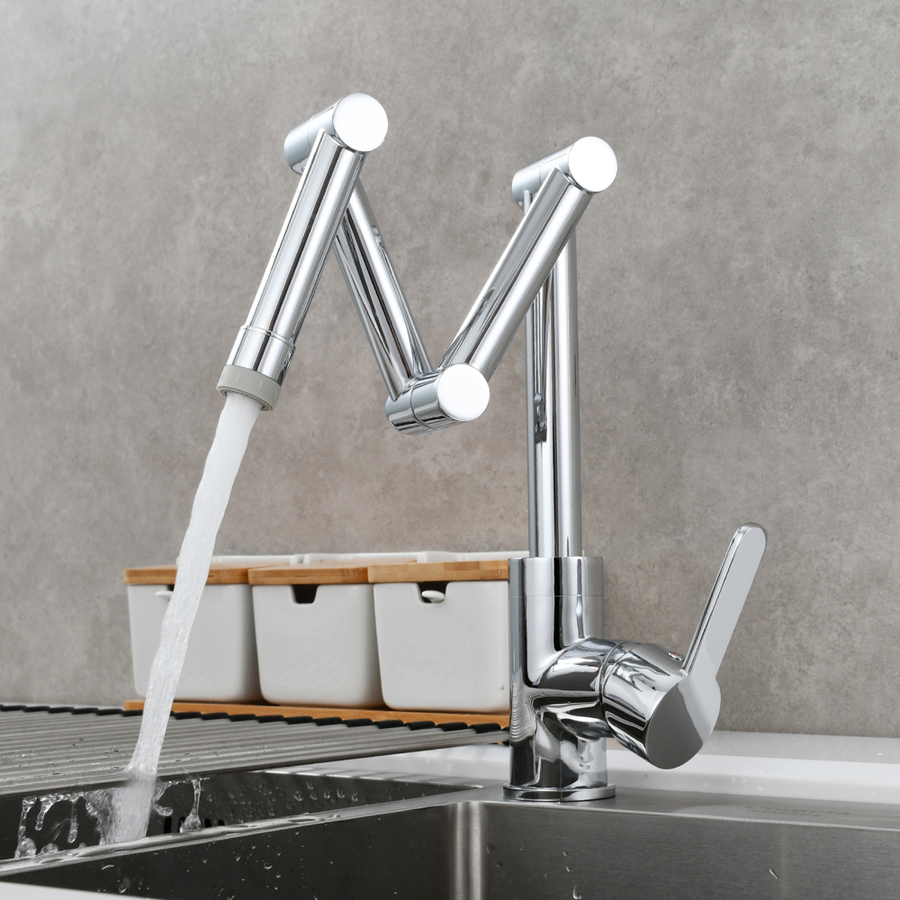 Tecmolog Pot Filler Faucet Deck Mounted Three-Section Extension Folding Kitchen Faucet Restaurant Faucets Copper Nickel/Chrome/Black triple Joint Swing Arm For Hot and Cold