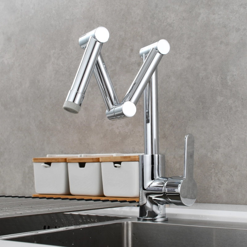 Tecmolog Pot Filler Faucet Deck Mounted Three-Section Extension Folding Kitchen Faucet Restaurant Faucets Copper Nickel/Chrome/Black triple Joint Swing Arm For Hot and Cold