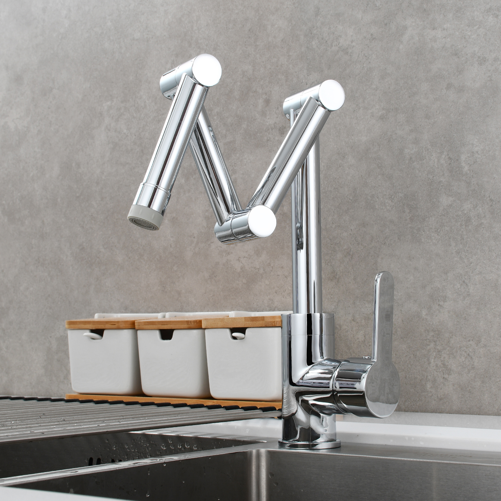 Tecmolog Pot Filler Faucet Deck Mounted Three-Section Extension Folding Kitchen Faucet Restaurant Faucets Copper Nickel/Chrome/Black triple Joint Swing Arm For Hot and Cold