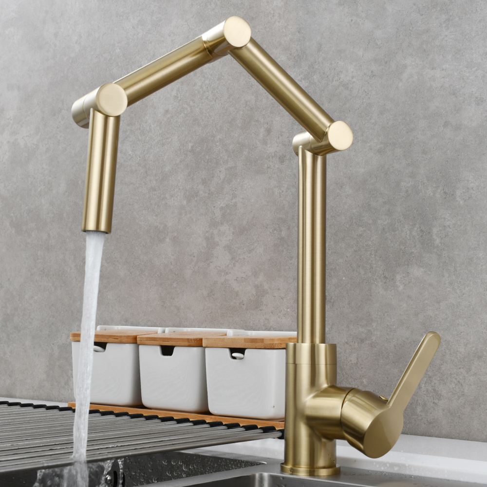 Tecmolog Pot Filler Faucet Deck Mounted Three-Section Extension Folding Kitchen Faucet Restaurant Faucets Copper Nickel/Chrome/Black triple Joint Swing Arm For Hot and Cold