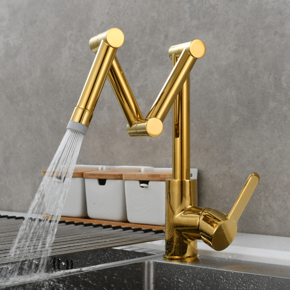 Tecmolog Pot Filler Faucet Deck Mounted Three-Section Extension Folding Kitchen Faucet Restaurant Faucets Copper Nickel/Chrome/Black triple Joint Swing Arm For Hot and Cold