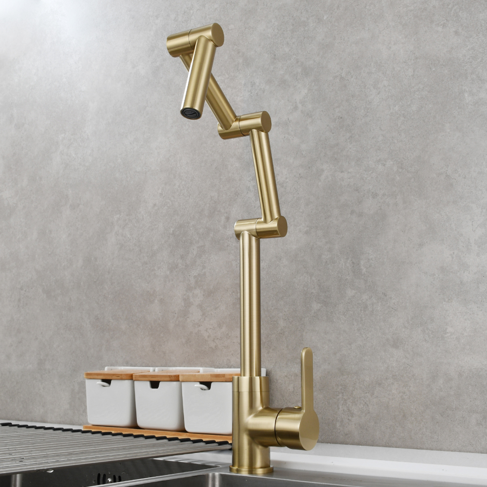 Tecmolog Pot Filler Faucet Deck Mounted Three-Section Extension Folding Kitchen Faucet Restaurant Faucets Copper Nickel/Chrome/Black triple Joint Swing Arm For Hot and Cold