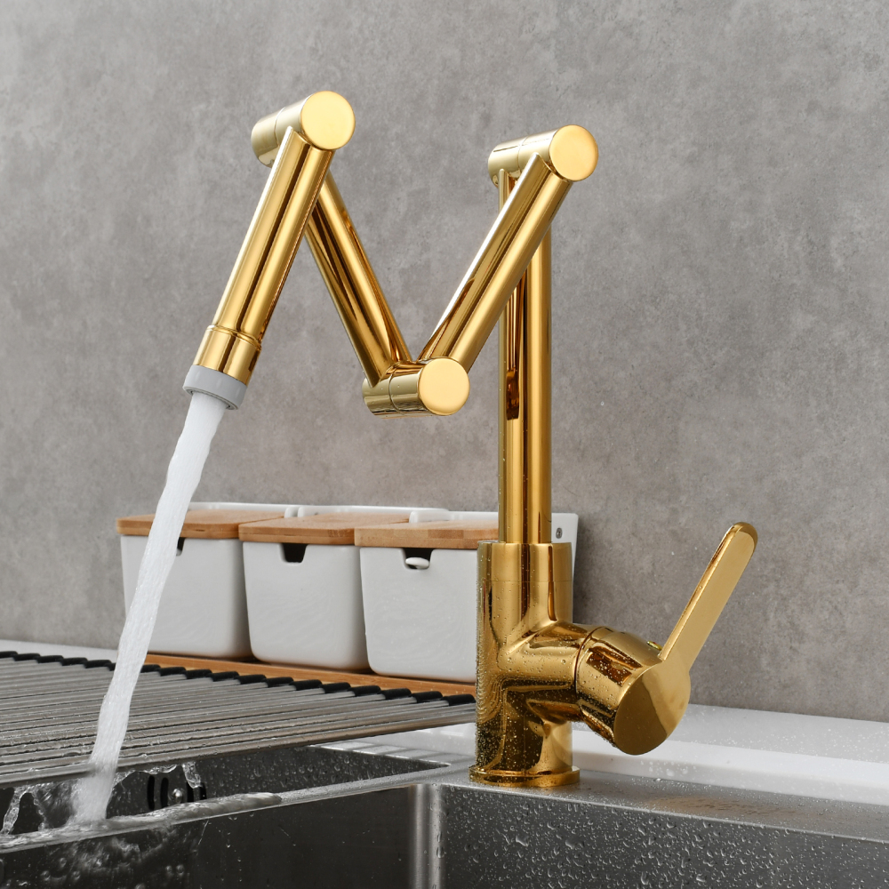 Tecmolog Pot Filler Faucet Deck Mounted Three-Section Extension Folding Kitchen Faucet Restaurant Faucets Copper Nickel/Chrome/Black triple Joint Swing Arm For Hot and Cold