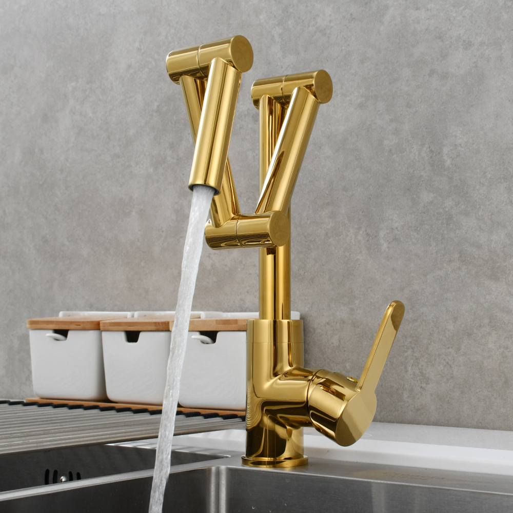 Tecmolog Pot Filler Faucet Deck Mounted Three-Section Extension Folding Kitchen Faucet Restaurant Faucets Copper Nickel/Chrome/Black triple Joint Swing Arm For Hot and Cold